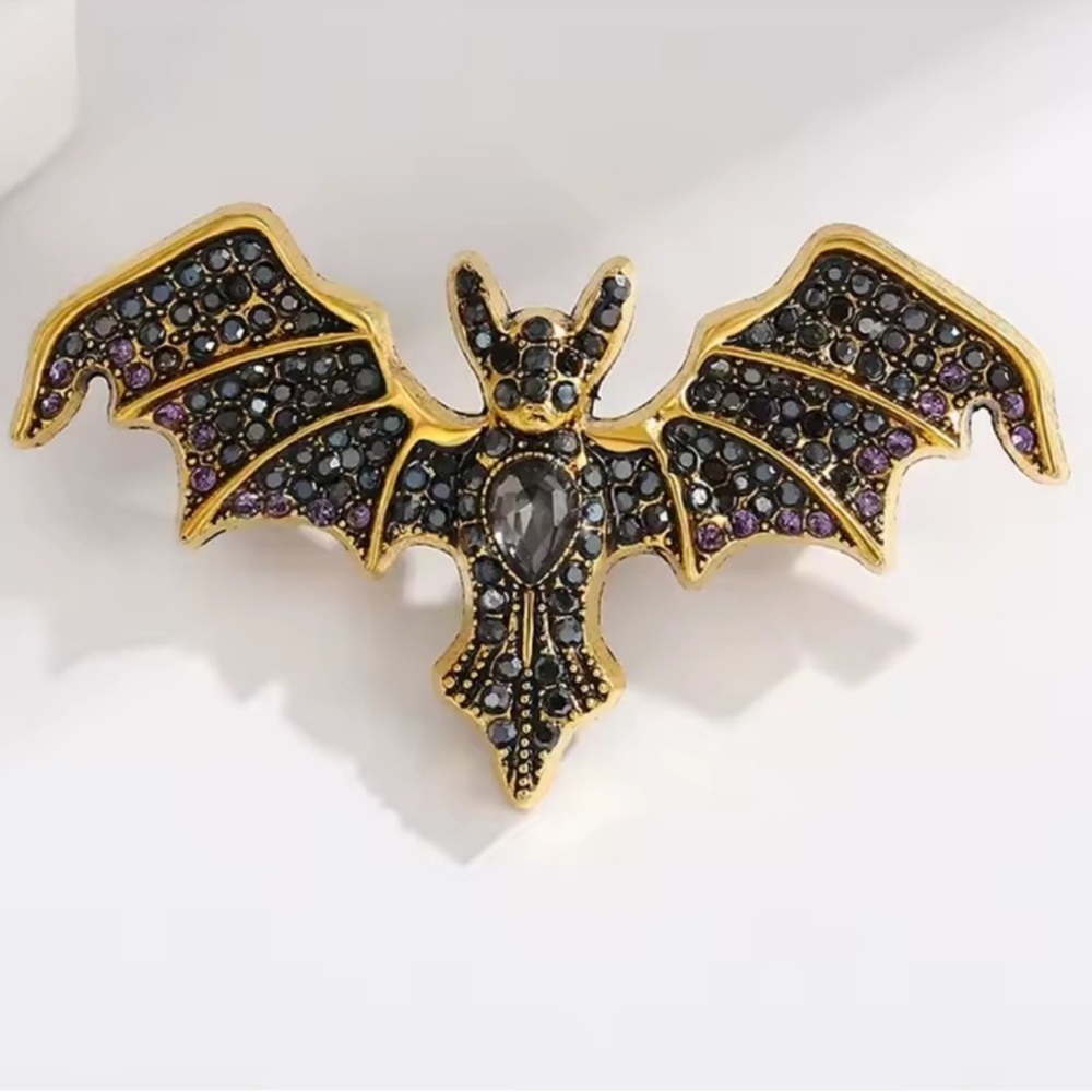 Gothic Black Bat Gold Crystal Brooch